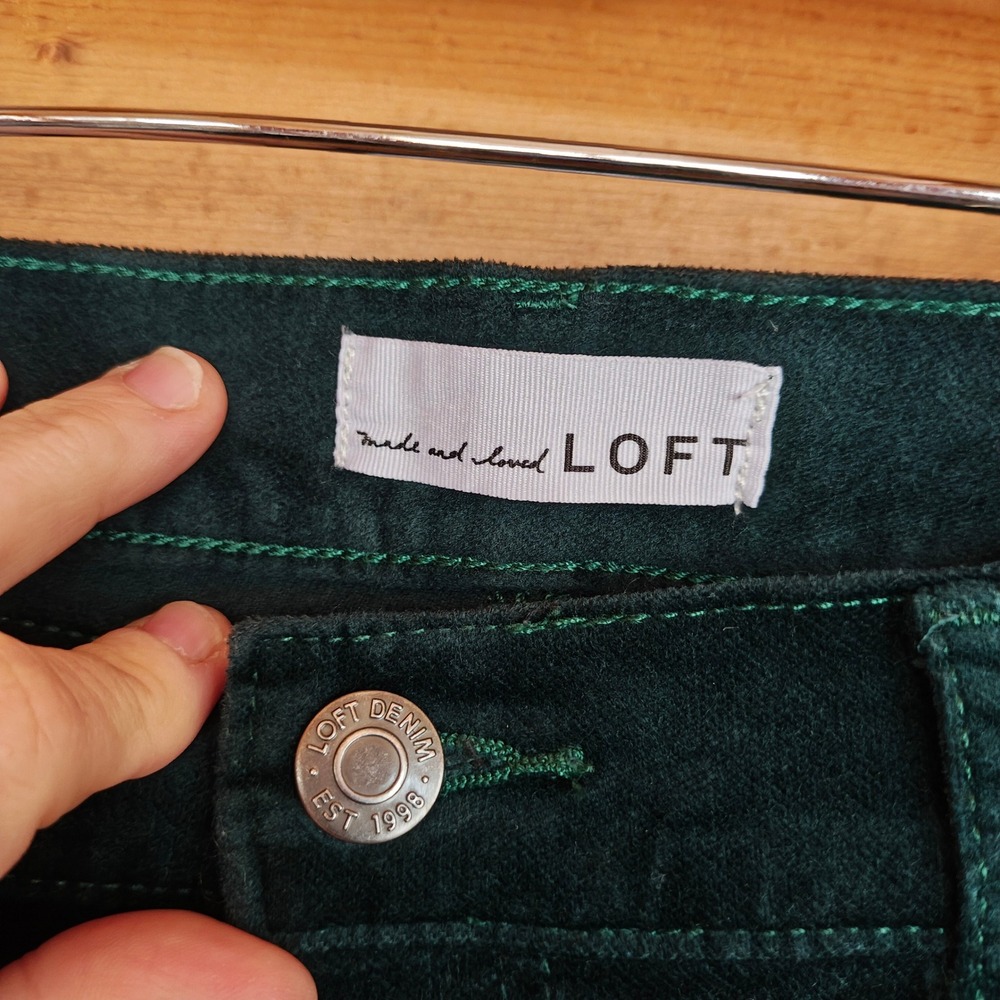 LOFT Curvy Velvet Skinny Pants Dark Green Ankle Trousers Stretch Sz 4(30") x 28" - Picture 4 of 9